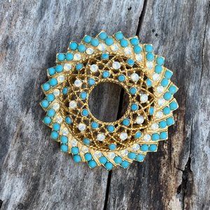 Sarah Coventry Turquoise & Faux Milky Opal Brooch
